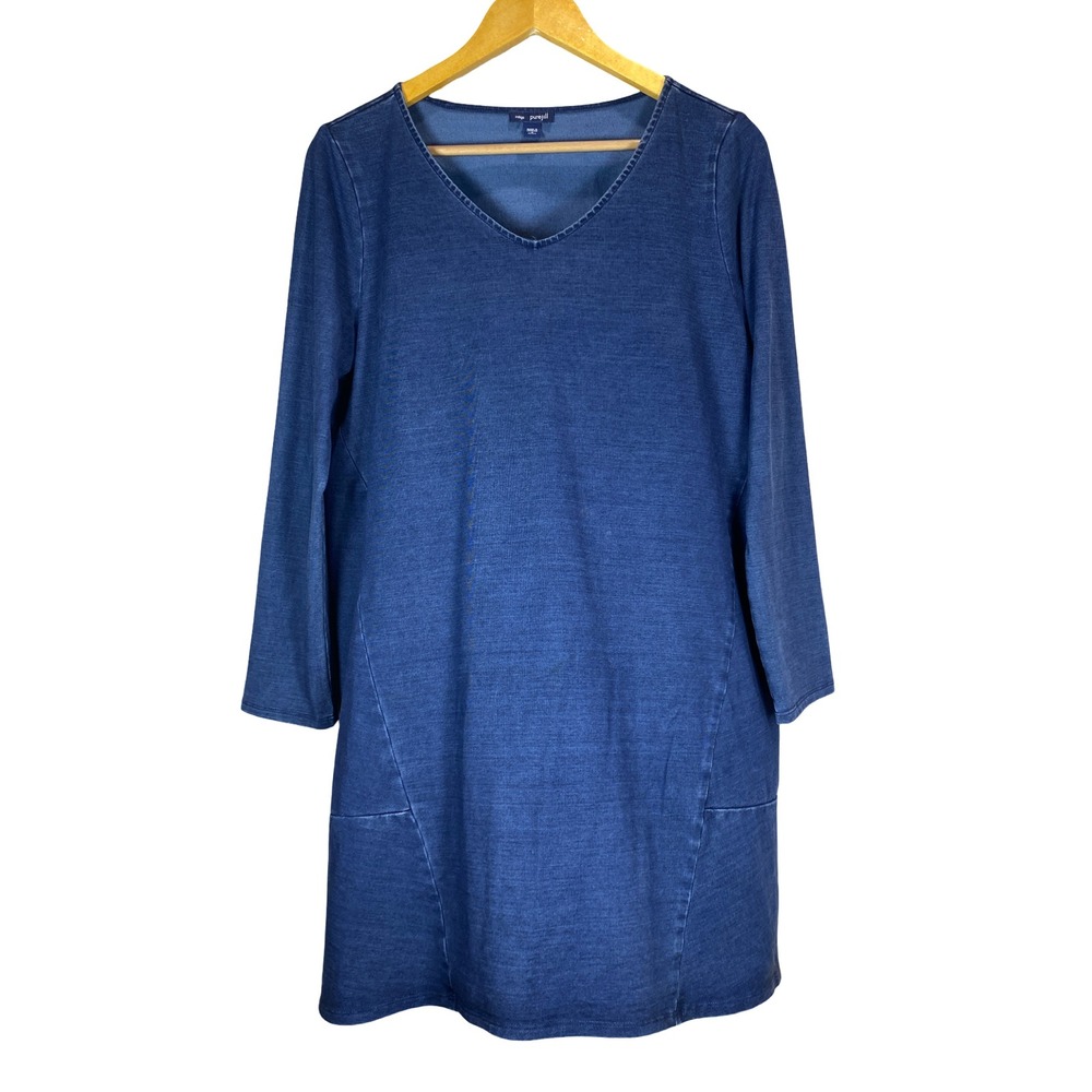 Indigo Pure Jill Womens Blue Denim V-Neck Long Sleeve Tunic Dress Petite Medium